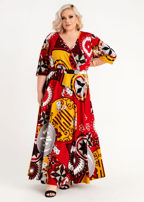 Geo Floral Wrap Maxi Dress, Chili Pepper image number 0