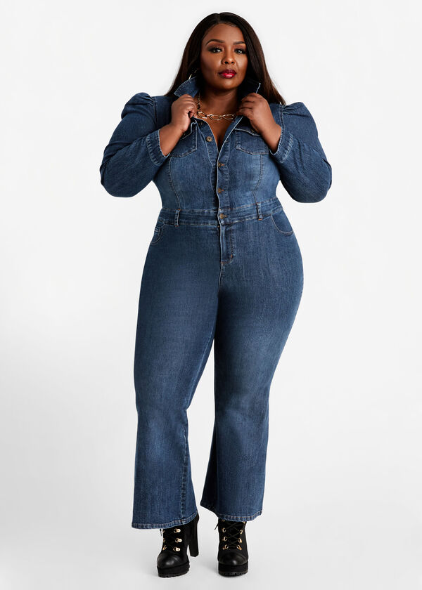 Plus Size Denim Puff Sleeve Flared Leg Zip Front Sexy Stretch Jumpsuit