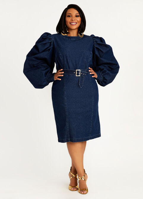 Plus Size Belted Puff Long Sleeve Sheath Bodycon Mini Denim Sexy Dress image number 0