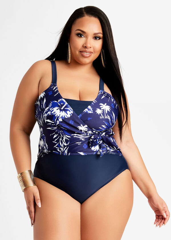 Noon Swim Tropical Tie Front 1PC, Navy image number 0