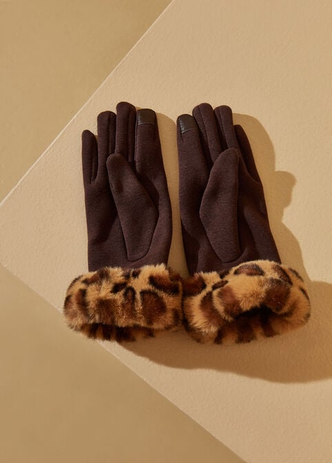 Animal Faux Fur Trimmed Gloves, Brown image number 2