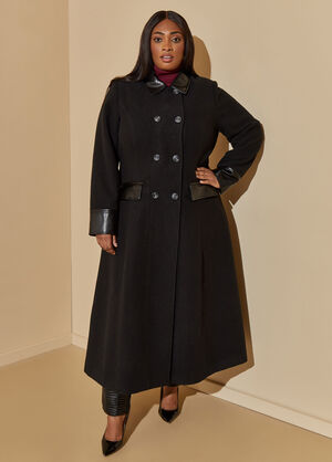 Faux Leather Trimmed A Line Coat, Black image number 1