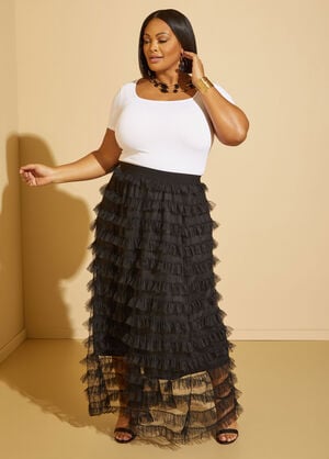 Tiered Tulle Maxi Skirt, Black image number 0