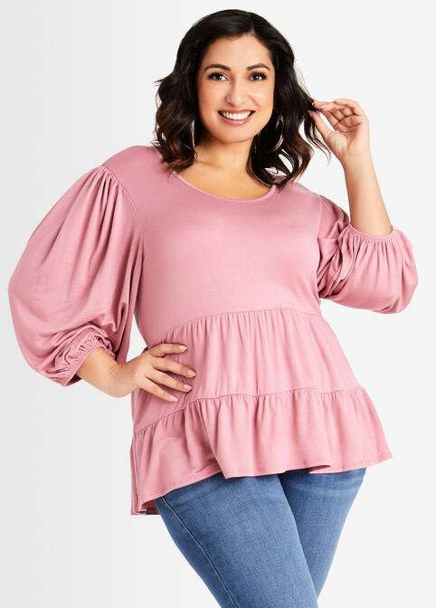Puff Sleeve Knit Babydoll Top, Foxglove image number 0