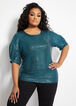 Sequin Fitted Puff Sleeve Top, Veridian Green image number 0