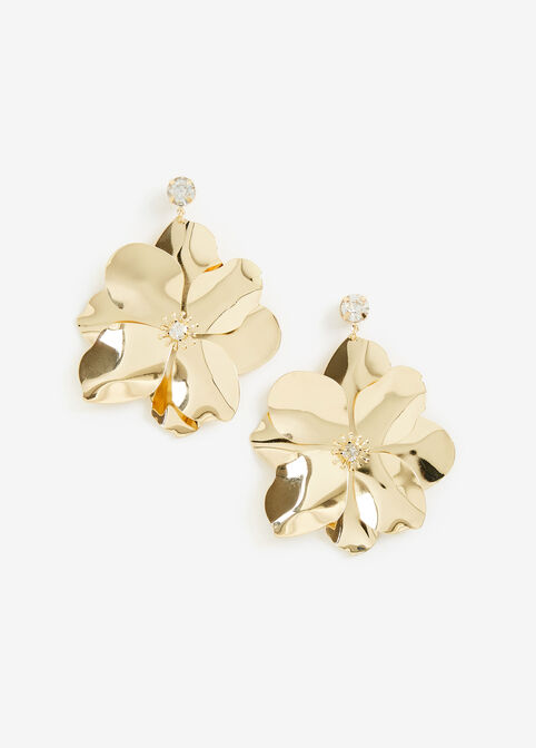 Gold Diamond Flower Drop Earrings, Gold image number 0
