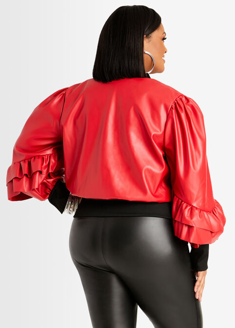 Ruffle Faux Leather Bomber Jacket, Barbados Cherry image number 1