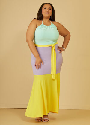 Colorblock Halter Maxi Dress, LIVING CORAL image number 0
