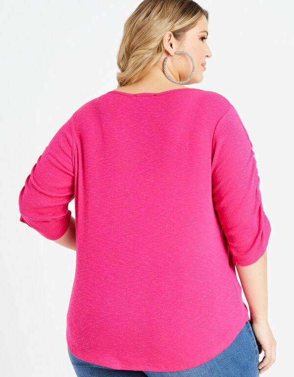 Glitter Knit Ruched Sleeve Top, Beetroot Purple image number 1