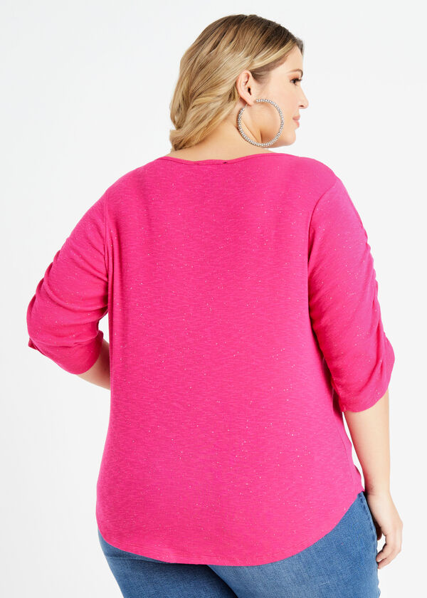 Glitter Knit Ruched Sleeve Top, Beetroot Purple image number 1