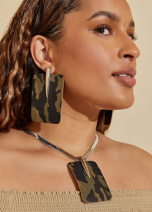 Camo Print Faux Leather Earrings, Olive image number 0