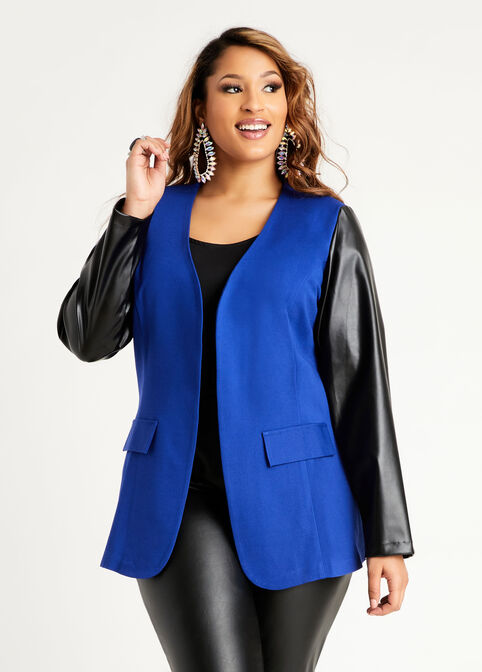 Faux Leather Sleeve Knit Jacket, Blue image number 0