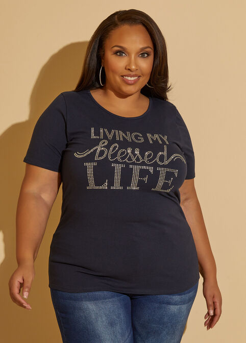 My Blessed Life Embellished Tee, Navy image number 3