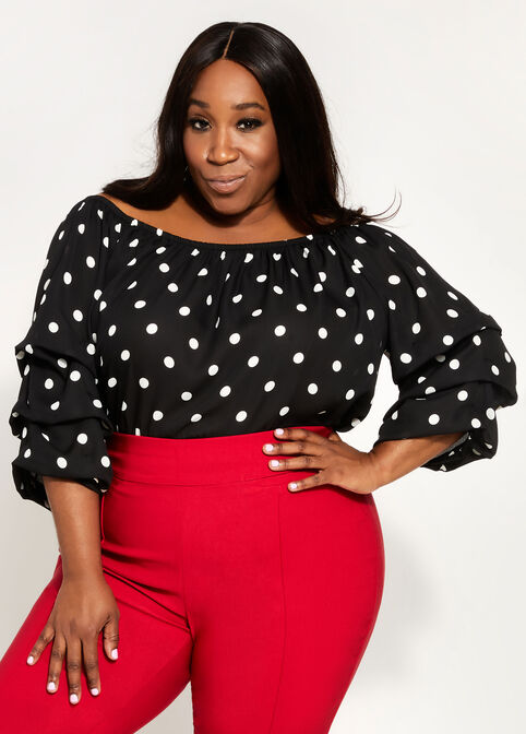 Dot Gather Sleeve Top, Black White image number 0