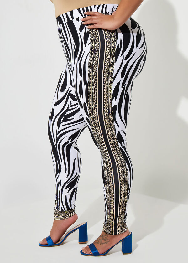 Zebra Print Stretch Knit Leggings, Black White image number 2