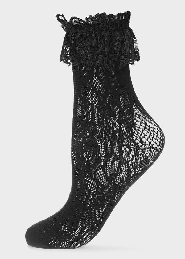 MeMoi Lace And Fishnet Crew Socks, Black image number 0