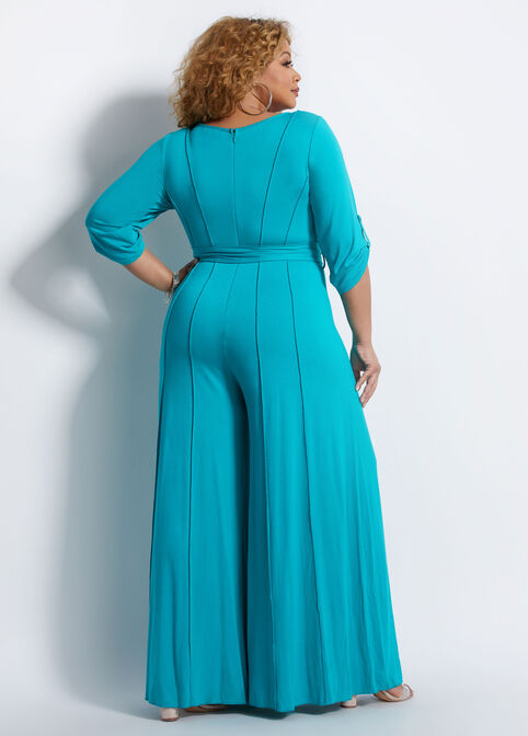 Belted Seam Knit Wide Leg Jumpsuit, Deep Peacock Blue image number 1