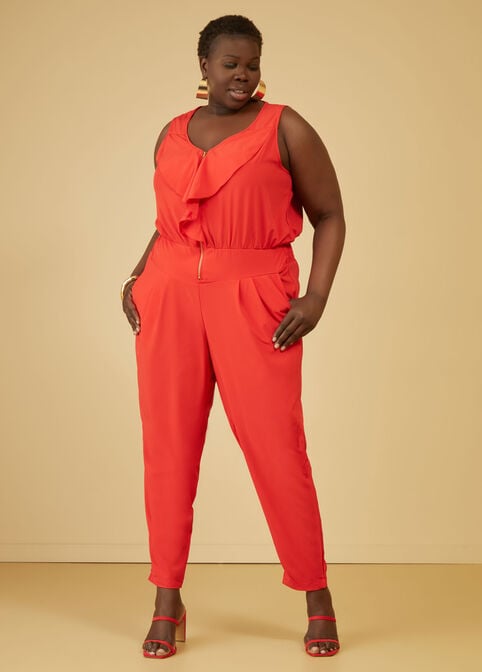 Ruffle Trimmed Tapered Jumpsuit, Red image number 2