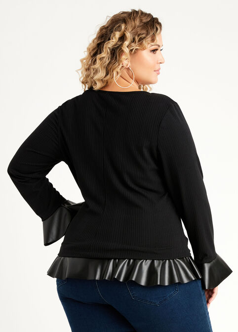 Faux Leather Trim Knit Peplum Top, Black image number 1