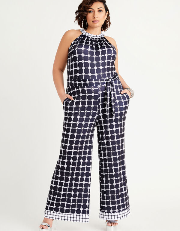 Tall Belted Dot Wide Leg Jumpsuit, Peacoat image number 0