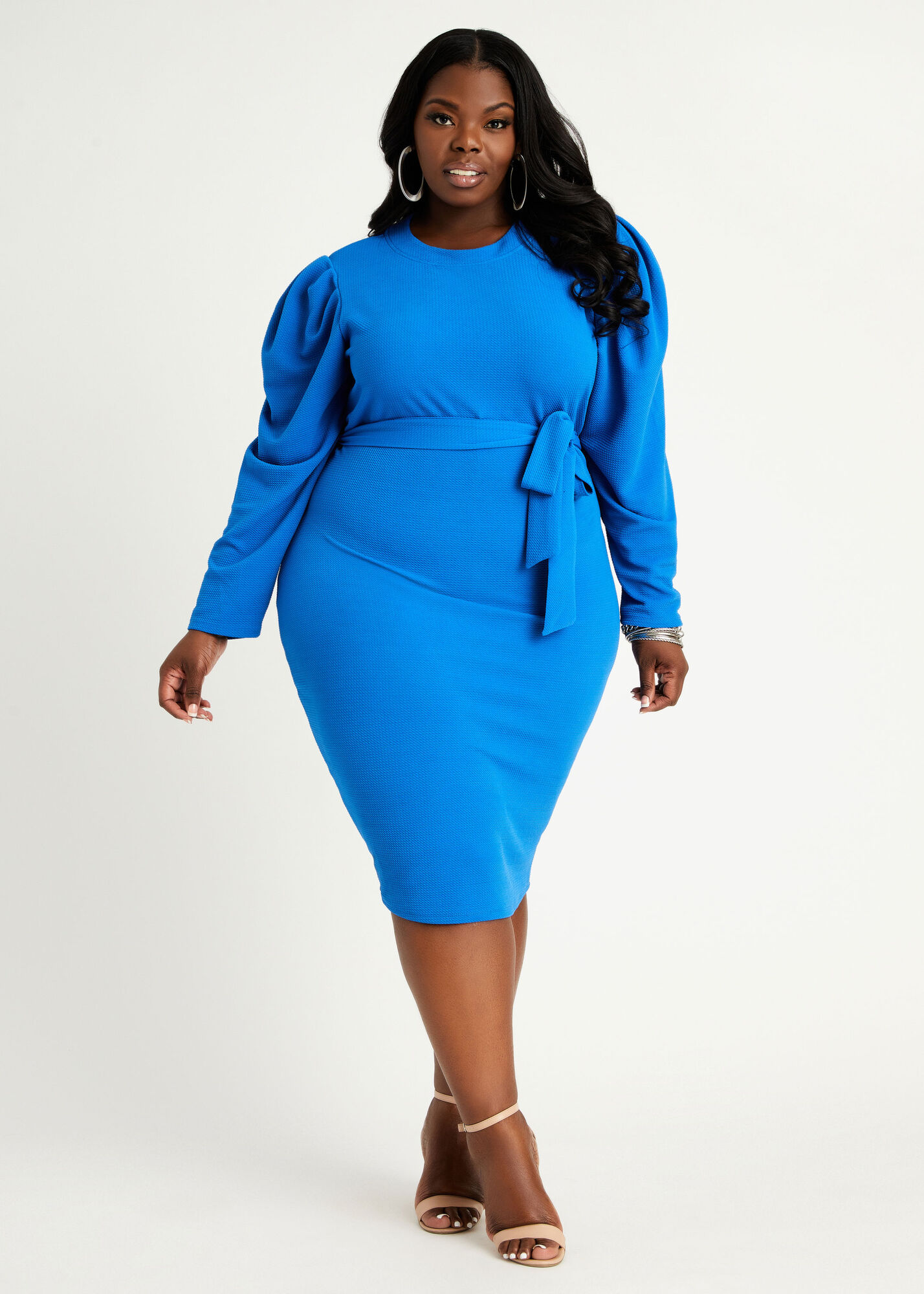 Plus Size Belted Stretch Knit Puff Sleeve Midi Occasion Work Dress