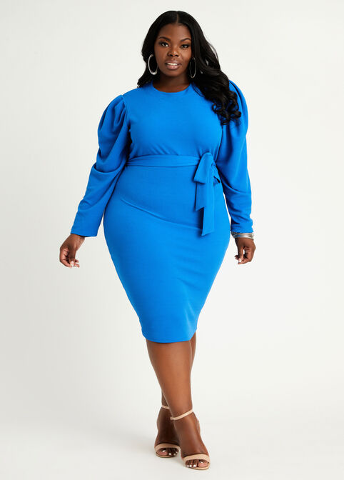 Plus Size Belted Stretch Knit Puff Sleeve Midi Occasion Work Dress image number 0