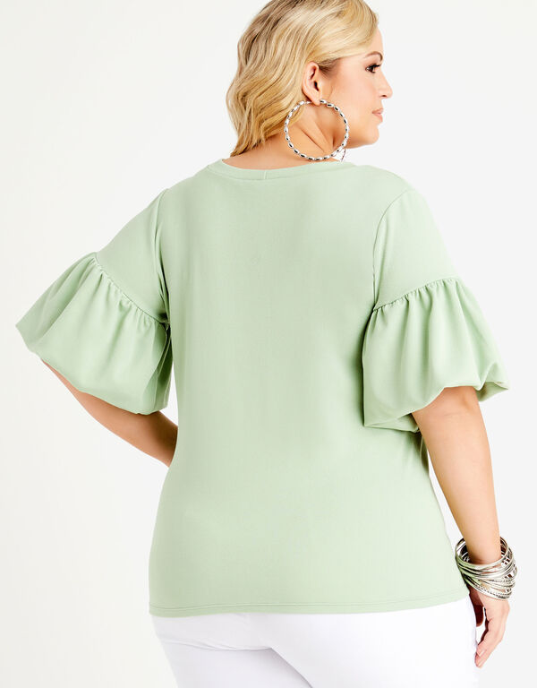 Pique Knit Puff Sleeve Top, Green image number 1