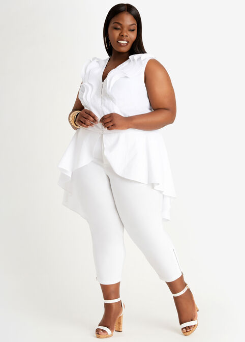 Ruffle Hi Low Peplum Button Up Top, White image number 0