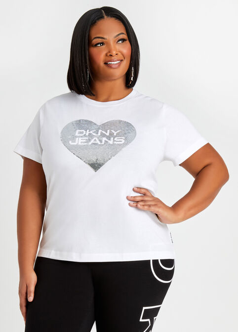 Plus Size DKNY Jeans Rhinestone Heart Logo T Shirt Plus Size Casual Tees image number 0