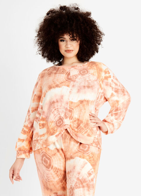 Cozy Lounge Print Twist Front Top, Rust image number 0
