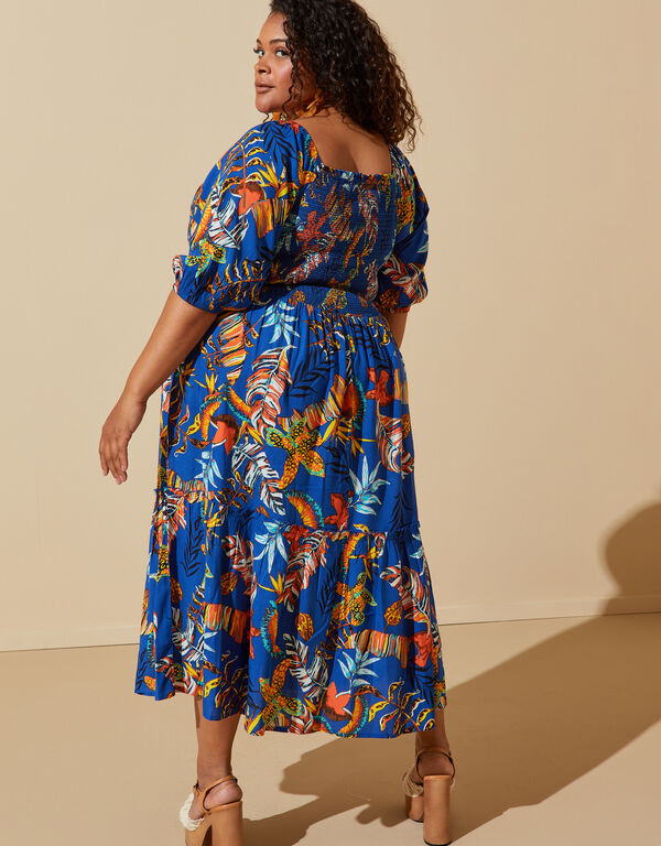 Shirred Floral Print Midi Dress, Multi image number 1
