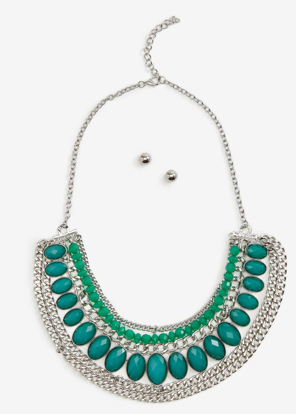 Layered Chain Stone Necklace Set, Pepper Green image number 0