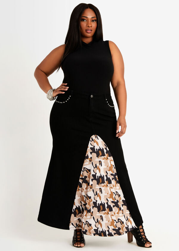 Plus Size Trendy Black Denim Studded Camo Trim Maxi Skirt