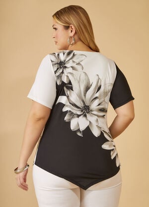 Floral Print Knit Top, Black White image number 1