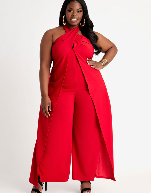 Halter Crossover Wide Leg Jumpsuit, Tango Red image number 0