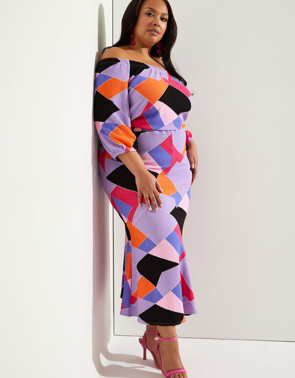 Off The Shoulder Geo Bodycon Dress, Multi image number 0