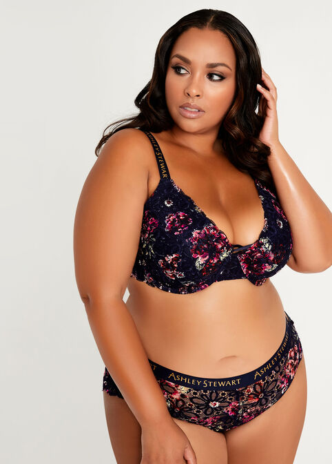 Floral Lace Plunge Underwire Bra, Navy image number 0