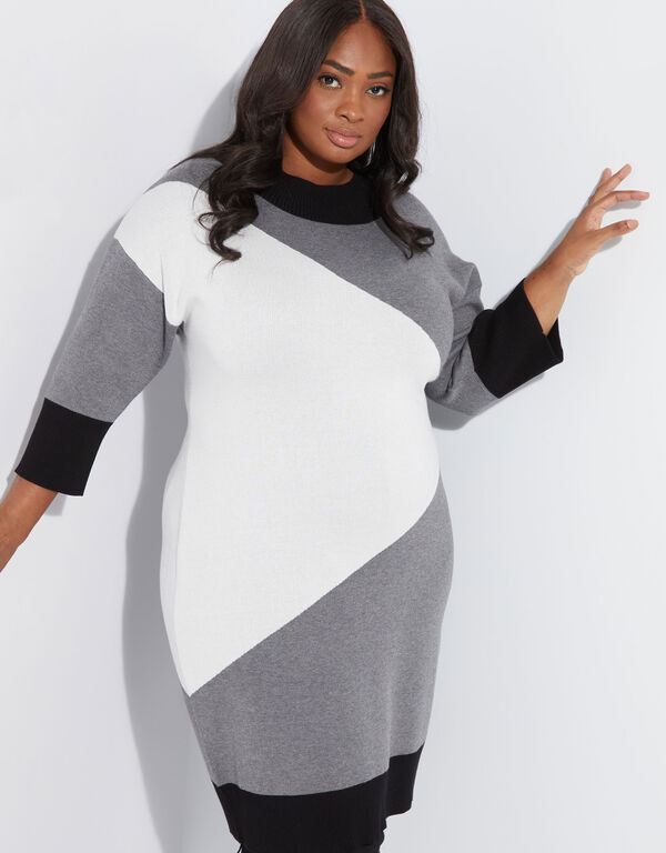Colorblock Intarsia Sweater Dress, Black White image number 0