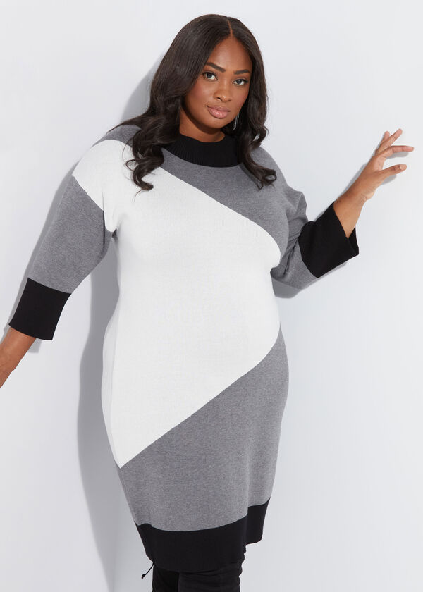 Colorblock Intarsia Sweater Dress, Black White image number 0