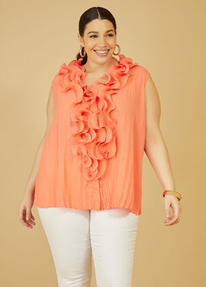Ruffle Trimmed Pleated Shirt, LIVING CORAL image number 0