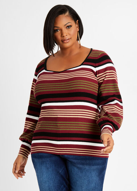 Plus Size Knitwear Stripe Sweetheart Balloon Sleeve Fitted Sweaters image number 0