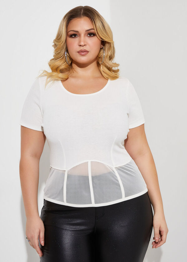 Mesh Paneled Ribbed Bustier Top, Ivory image number 0