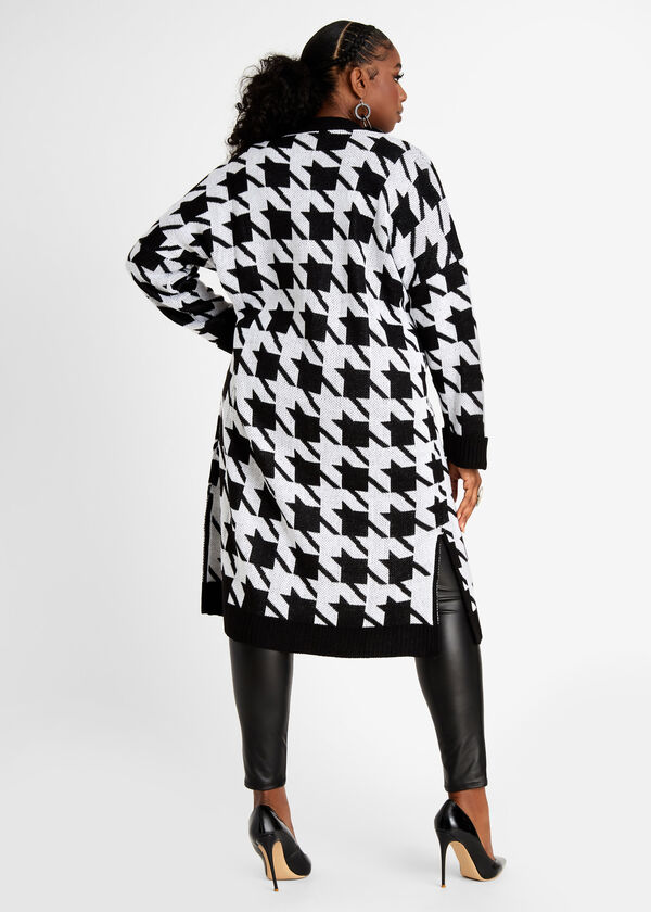 Houndstooth Open Front Duster Cardigan, Black White image number 1