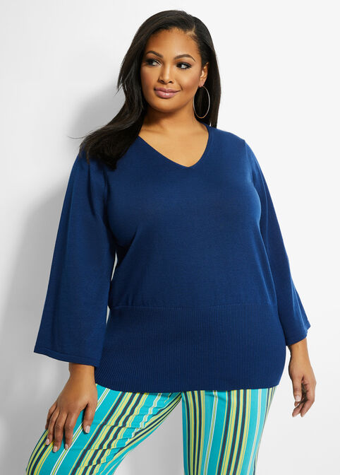 Flare Sleeve V Neck Sweater, Estate Blue image number 0