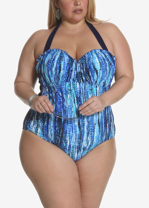 Trendy Plus Size Sun & Sea Ruffle Halter Printed Slimming 1pc Swimsuit image number 0