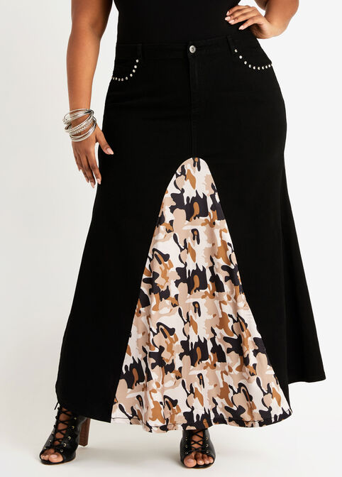 Camo Panel Denim Maxi Skirt, Black Animal image number 0