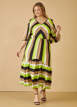 Cold Shoulder Striped Midaxi Dress, Lime Green image number 0