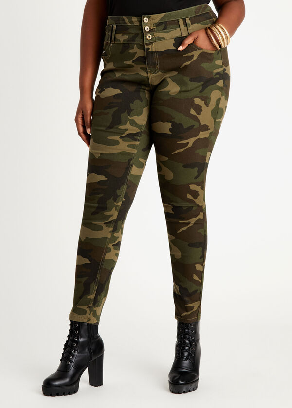 Plus Size Camo Corset Waist Triple Stack High Waisted Skinny Jeans image number 0