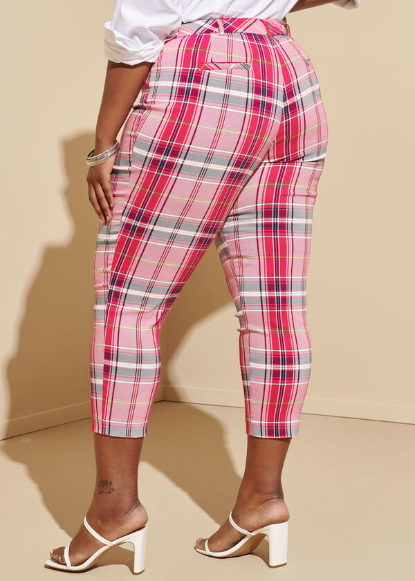 Plaid Tapered Ankle Pants, Bright Rose image number 1