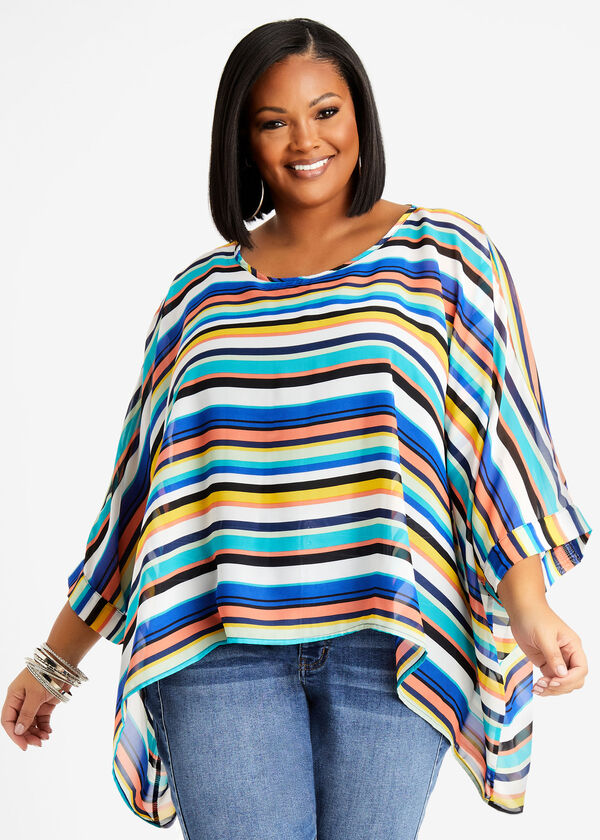 Striped Semi Sheer Poncho Blouse, Multi image number 0